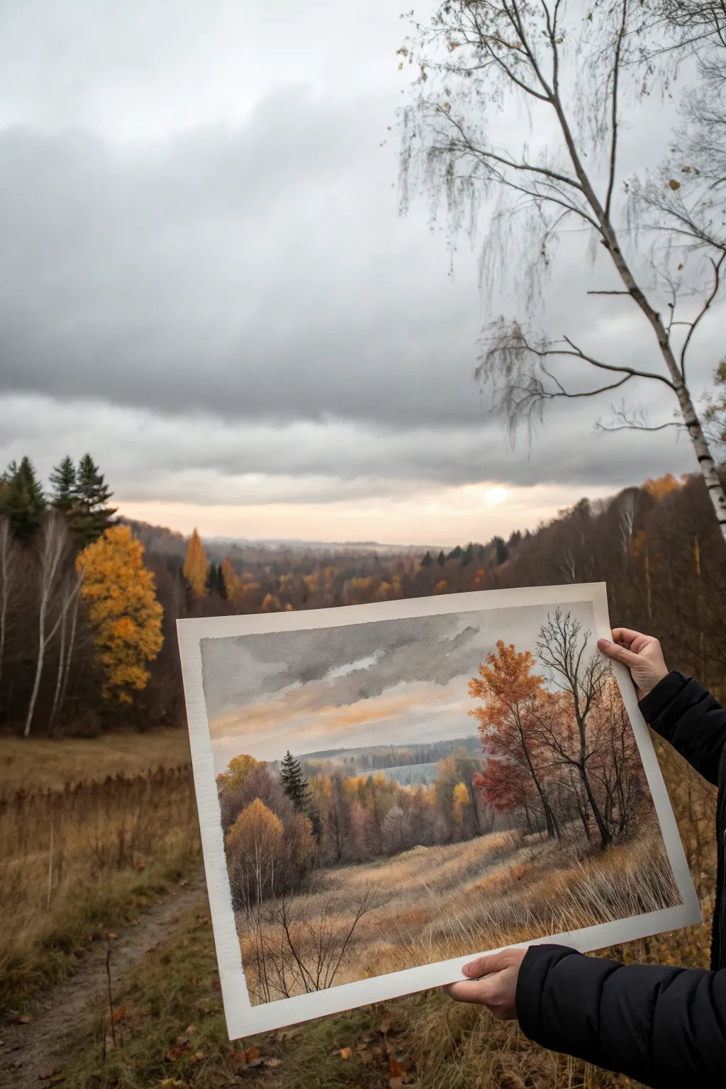 Moody overcast autumn palette with soft gray sky and muted trees for a cozy landscape study.