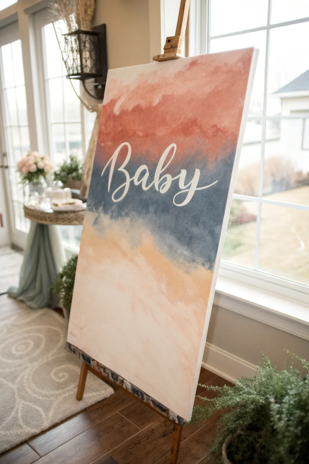 Dreamy acrylic wash baby name canvas, bold boho hues, crisp lettering, soft window light