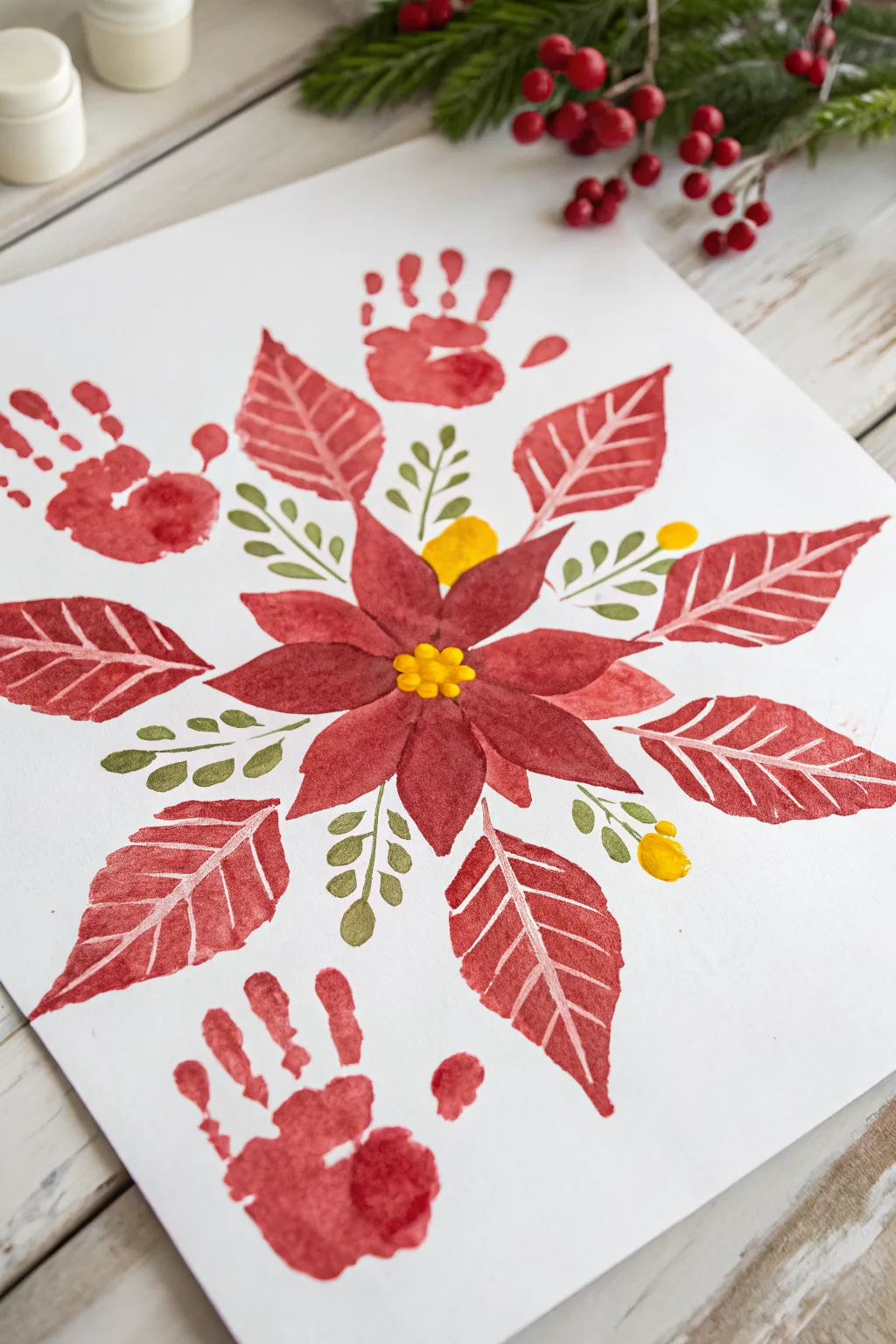 Handprint poinsettia bloom: bold red petals and a sunny yellow center on crisp white paper