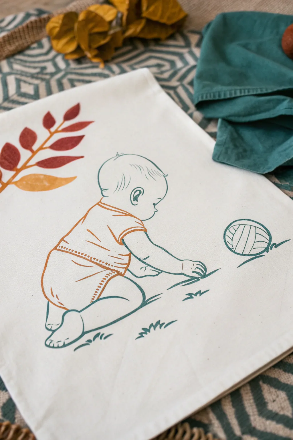Minimal baby drawing idea: a wobbly sitter reaching for a toy, with bold modern color accents