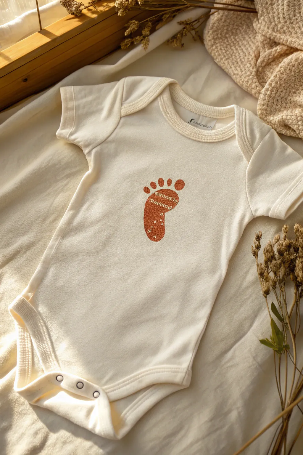 Modern keepsake onesie with a single bold print and clean space for date and initials later