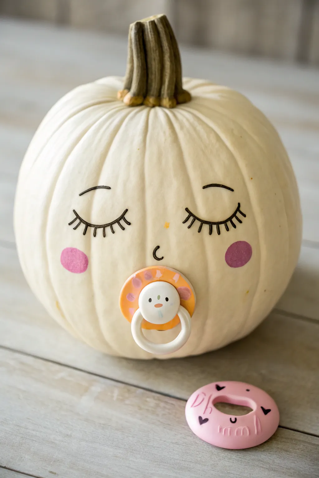 Pacifier face baby pumpkin with rosy cheeks and sleepy eyes, minimalist boho autumn craft