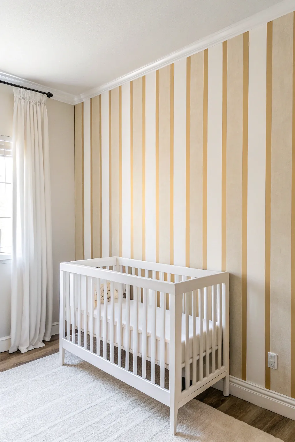 Wide cream and warm white stripes bring subtle texture and make a small nursery feel taller.