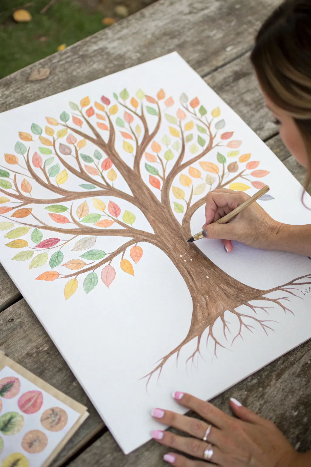 Handprint tree guestbook for a baby shower, soft boho pastels with clean Scandinavian charm