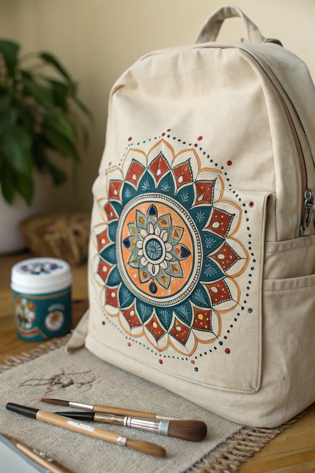 Boho mandala medallion backpack painting idea with bold dots, petals, and handmade texture