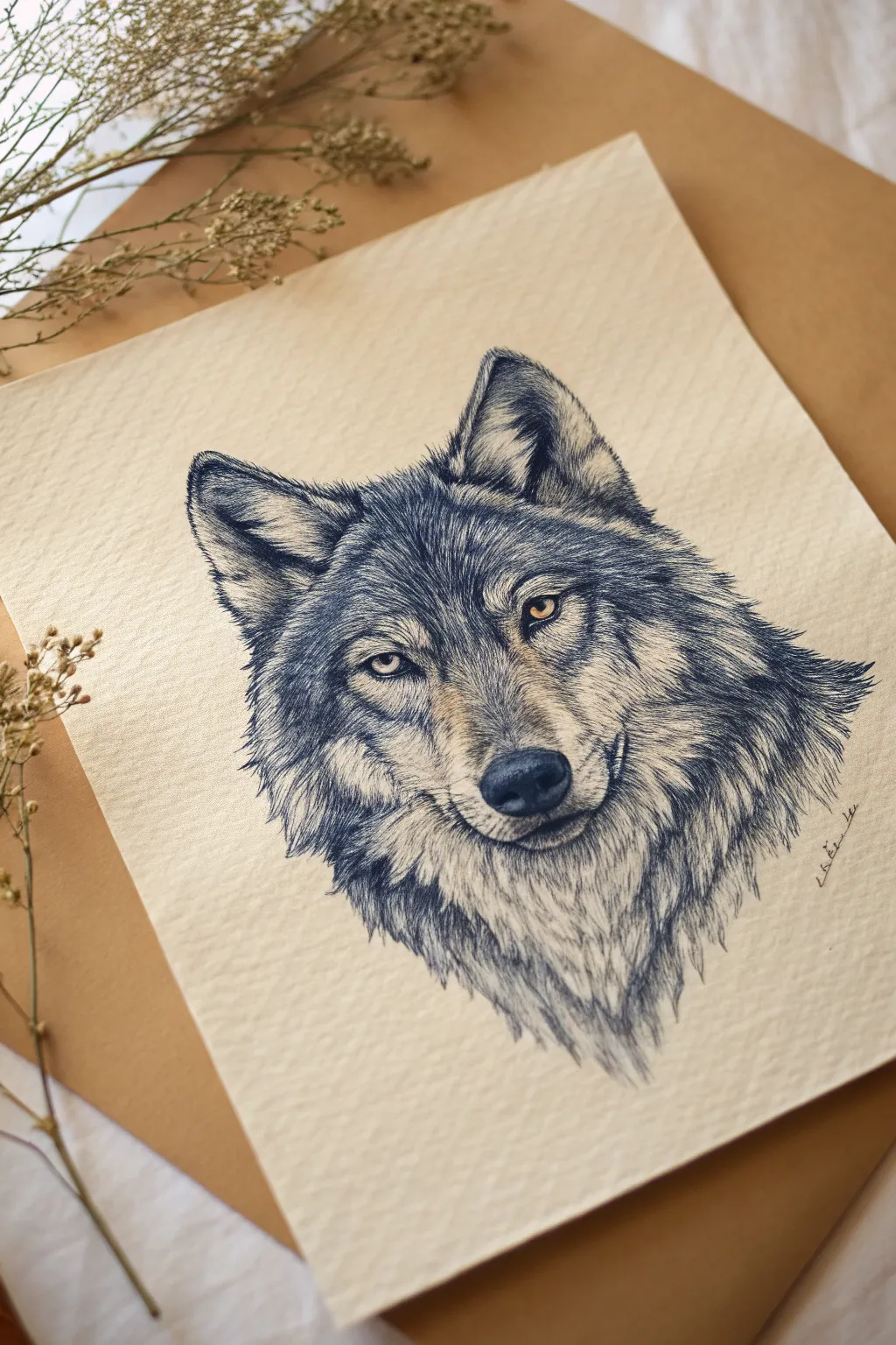 Minimalist ballpoint wolf head close-up with layered fur strokes and dramatic shadows.