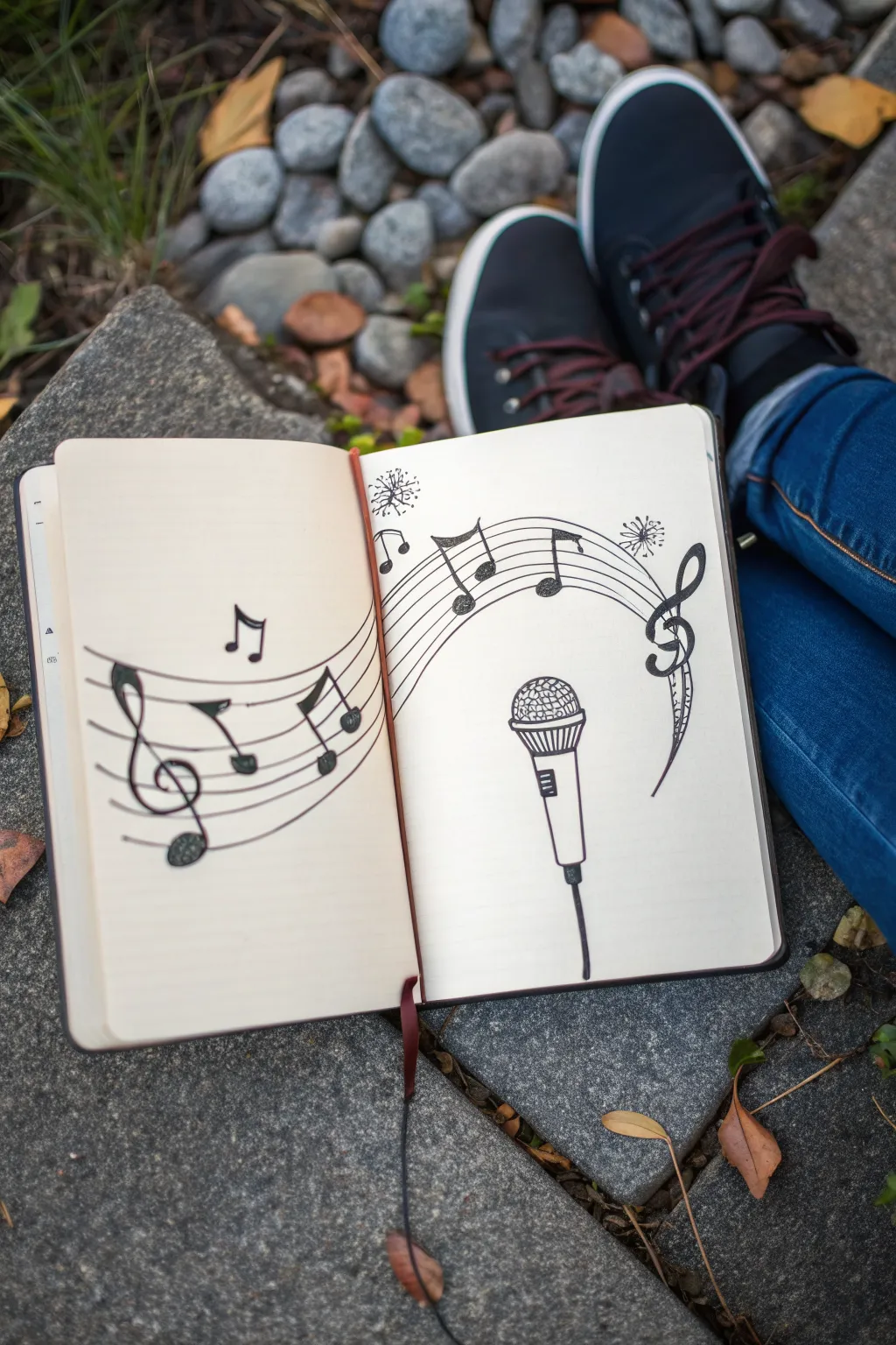 Minimal band sketch with swirling staff lines and bold notes, clean lines with boho color pops