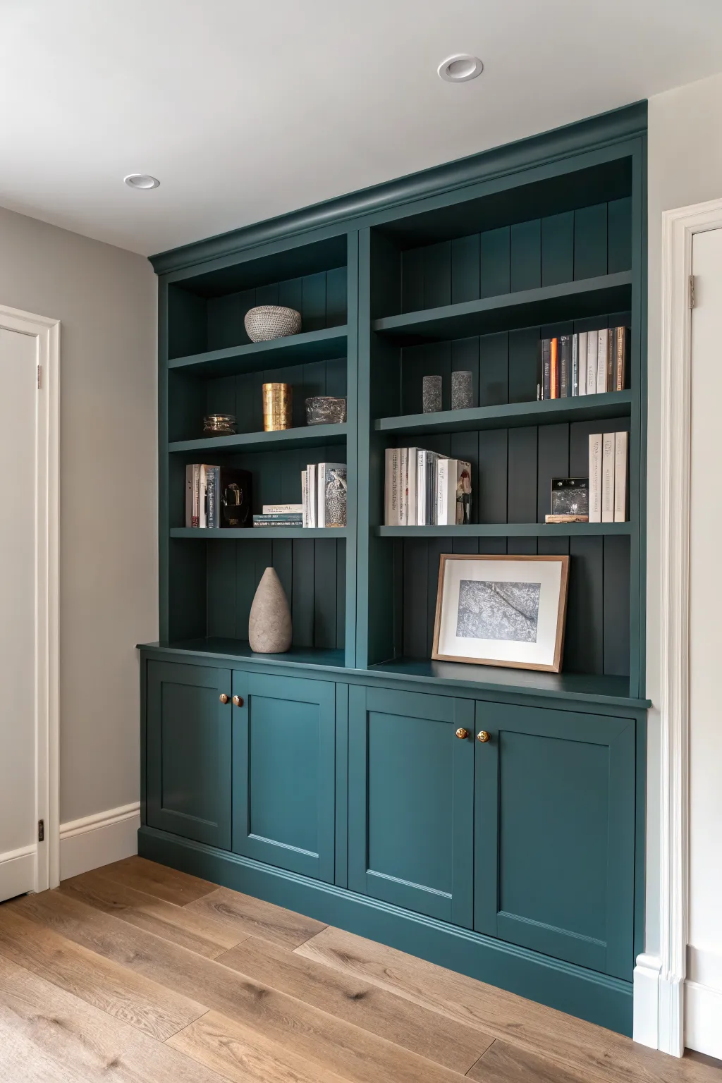 Moody painted built-ins turn basement storage into a custom feature wall with bold contrast.