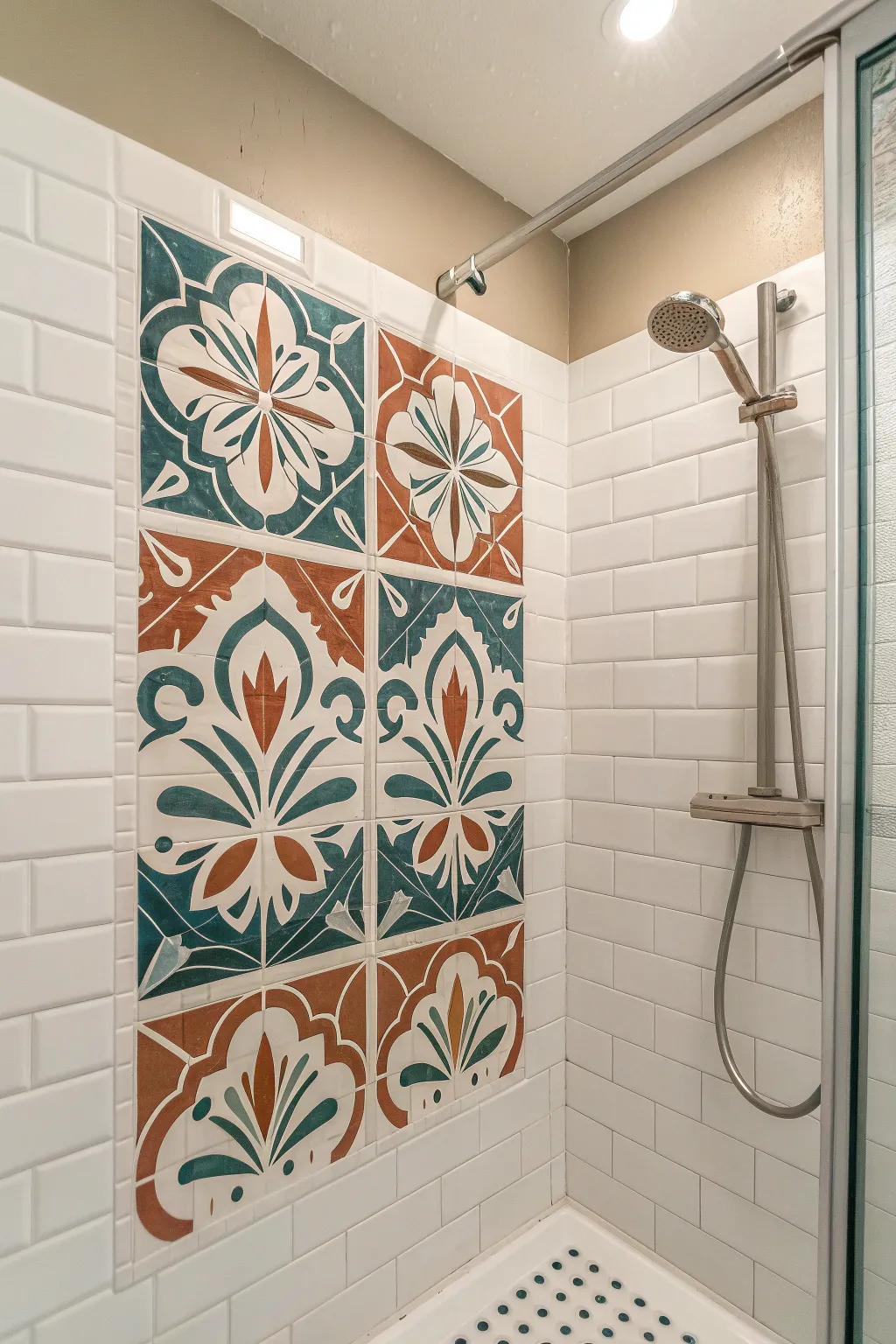 Sealed shower mural panel brings bold boho color while staying crisp against minimalist tiles.