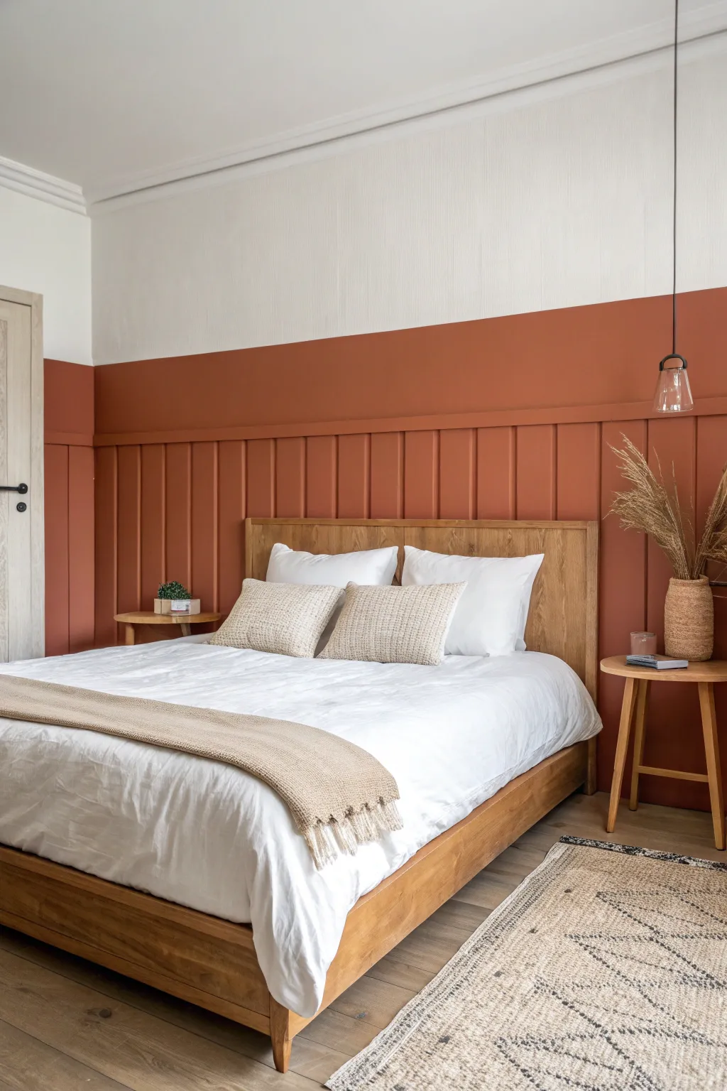 Two-tone split wall in terracotta and soft cream adds height, structure, and calm contrast.