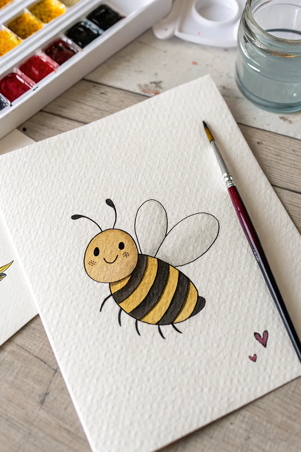 Beginner cartoon bee painting idea with bold stripes, simple shapes, and clean white space