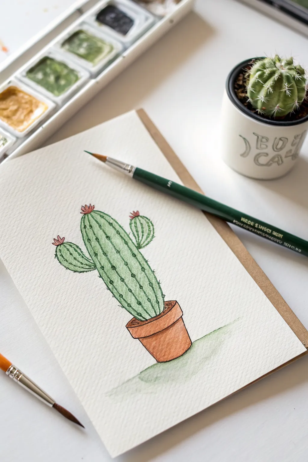 Tiny cactus watercolor pencil doodle idea, simple shapes, soft wash, and a clean minimal pot