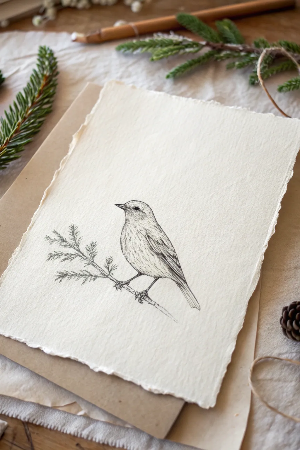 Sketch a tiny bird from an oval and circle, add a wing shadow, and ground it with a branch.
