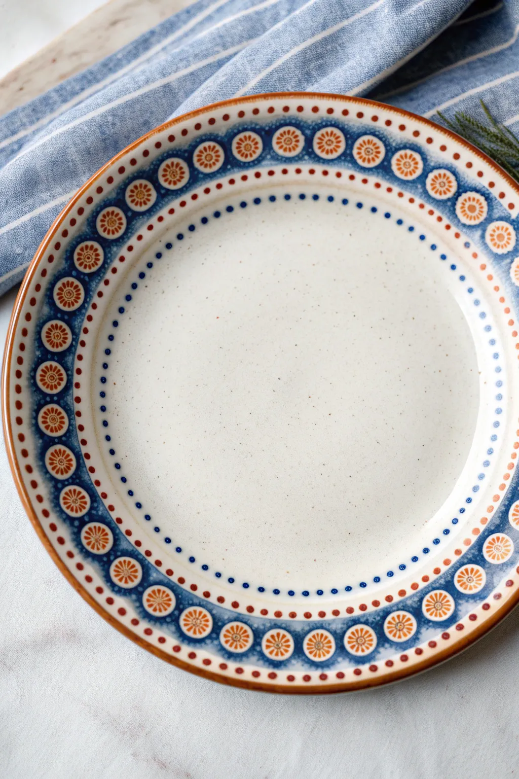 Beginner mandala dot ring on a minimalist plate, bold colors and calm symmetry, top-down.