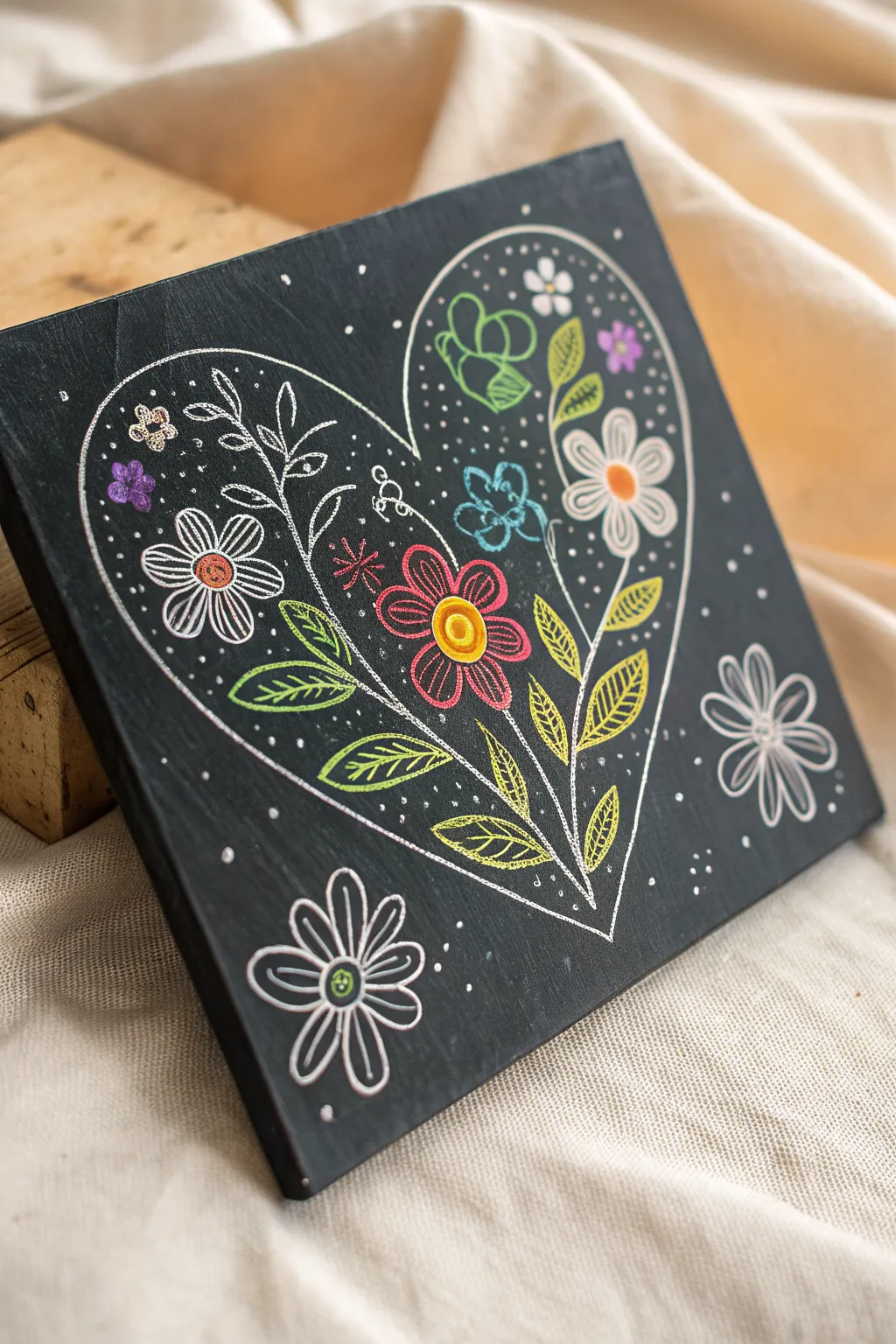 Beginner scratchboard heart with tiny florals and dots, bold rainbow contrast, clean minimalist vibe