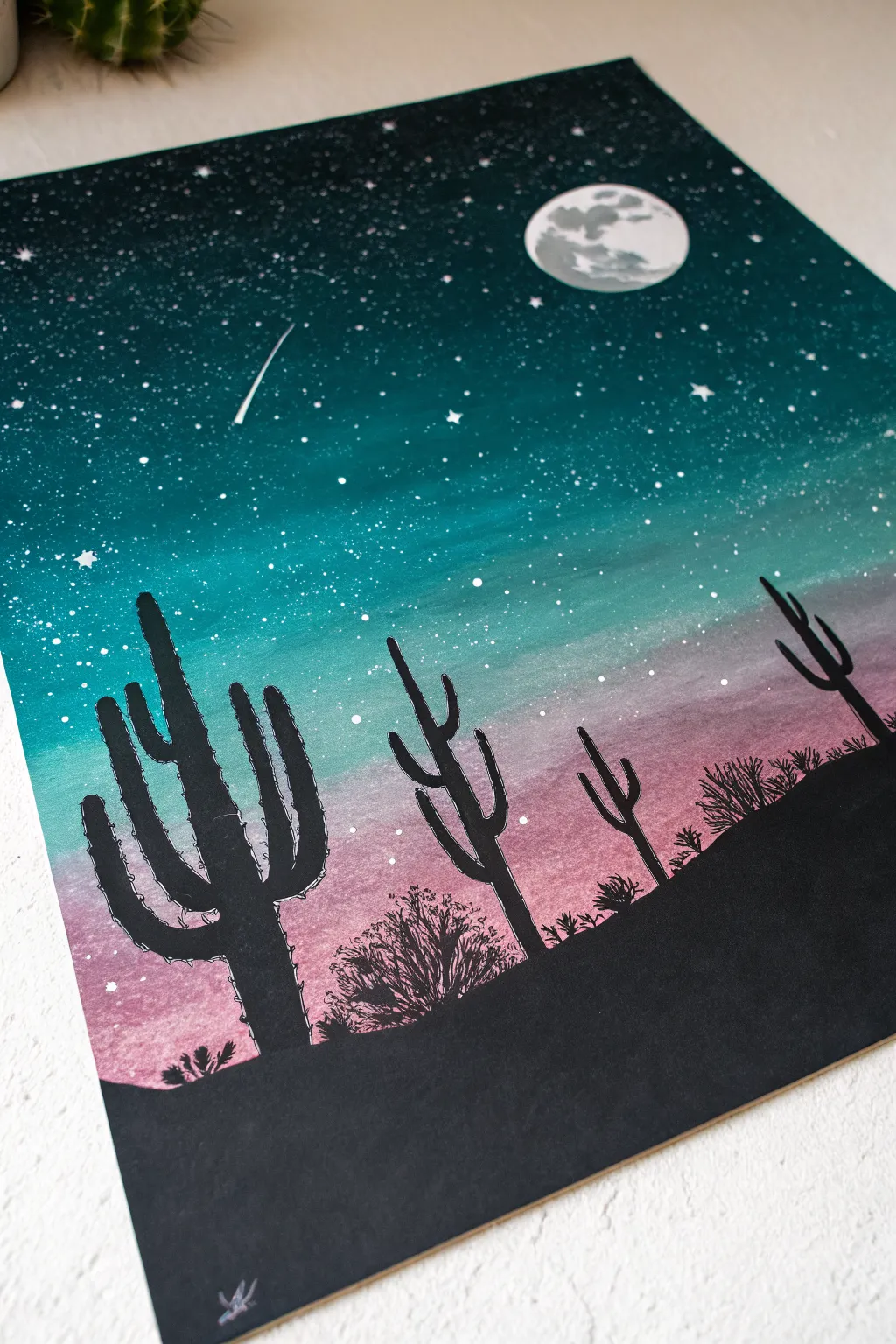 Beginner spray paint art: bold desert cactus silhouette against a dreamy starry night sky