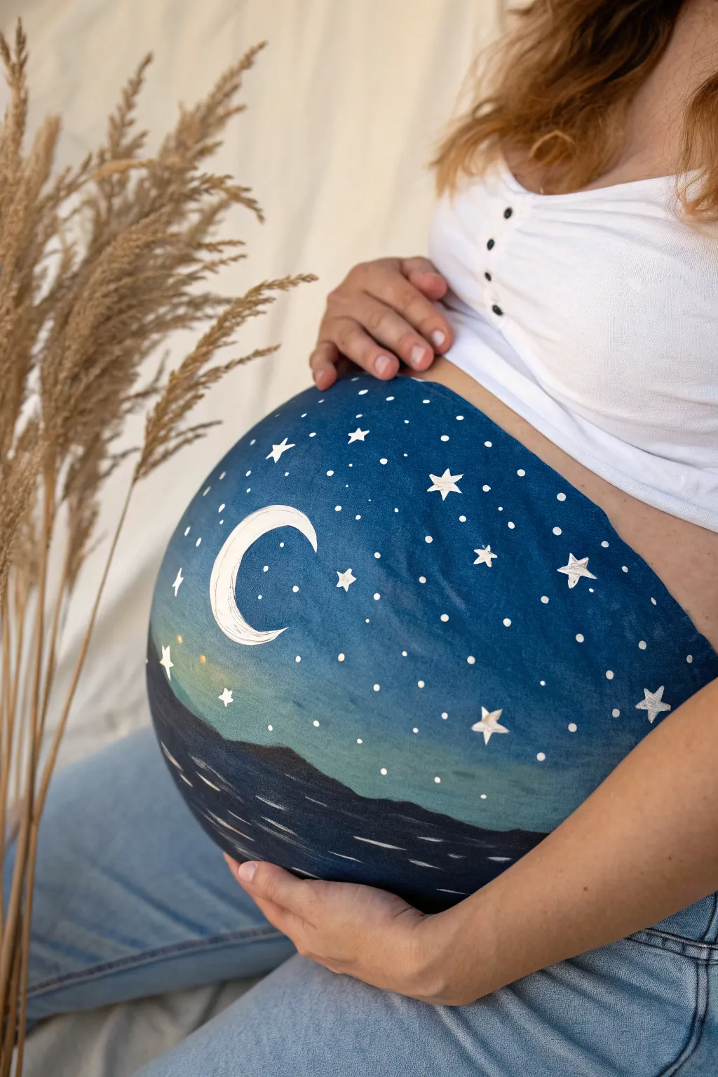Blue starry night belly painting for a baby boy, minimalist moon and stars with bold contrast