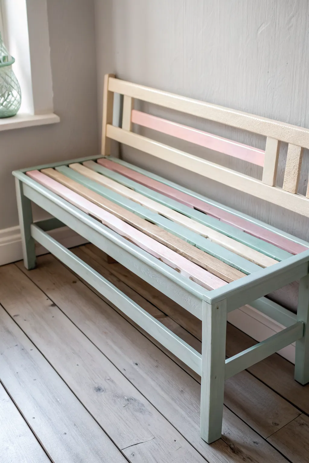 Dusty mint, blush, and cream slats make this bench a soft pastel statement with clean boho vibes.