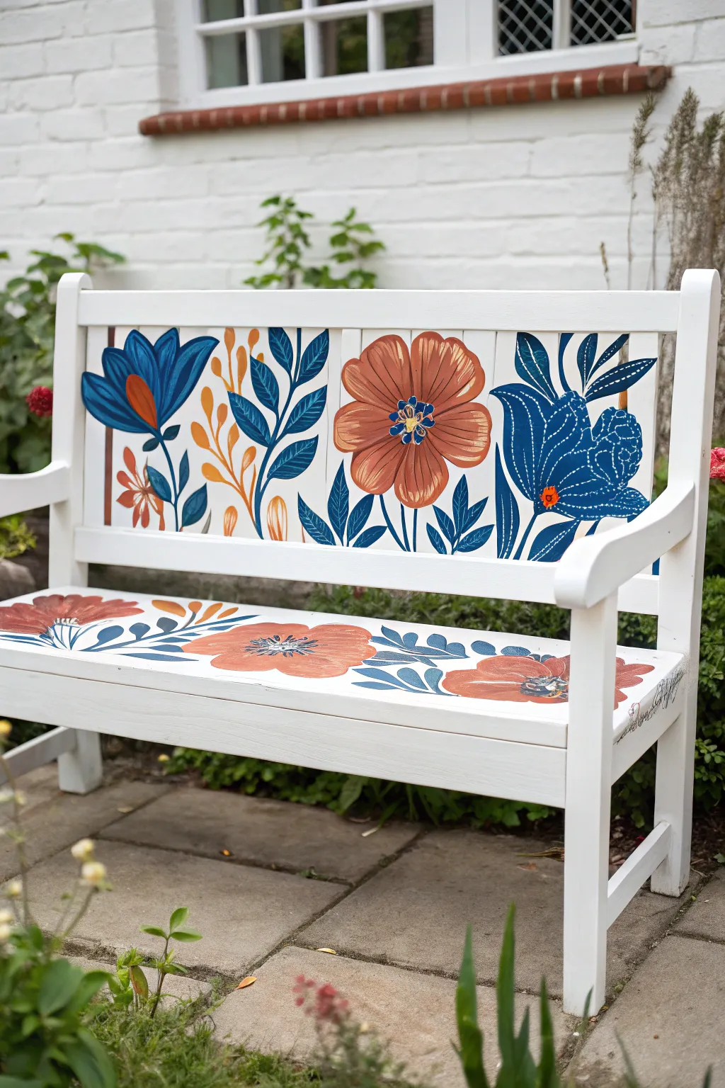 Oversized floral garden bench paint idea with bold colors and a clean Scandinavian look