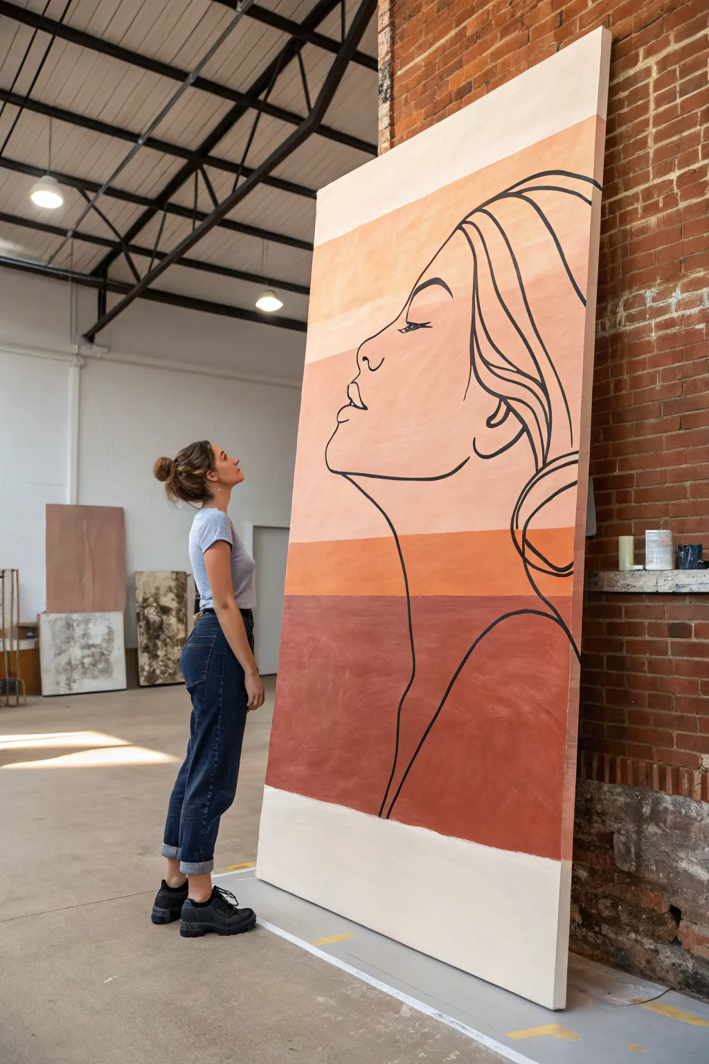 Easy big painting idea: bold terracotta color field with a single minimalist black line face.