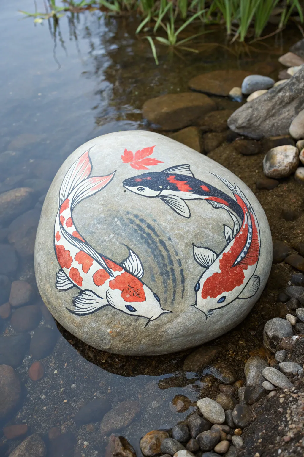 Koi style fish rock art that feels like a tiny pond, bold color on a smooth river stone