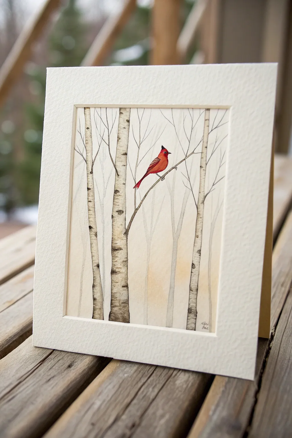Minimal birch grove painting with one vivid red bird, a bold focal point against soft neutrals.