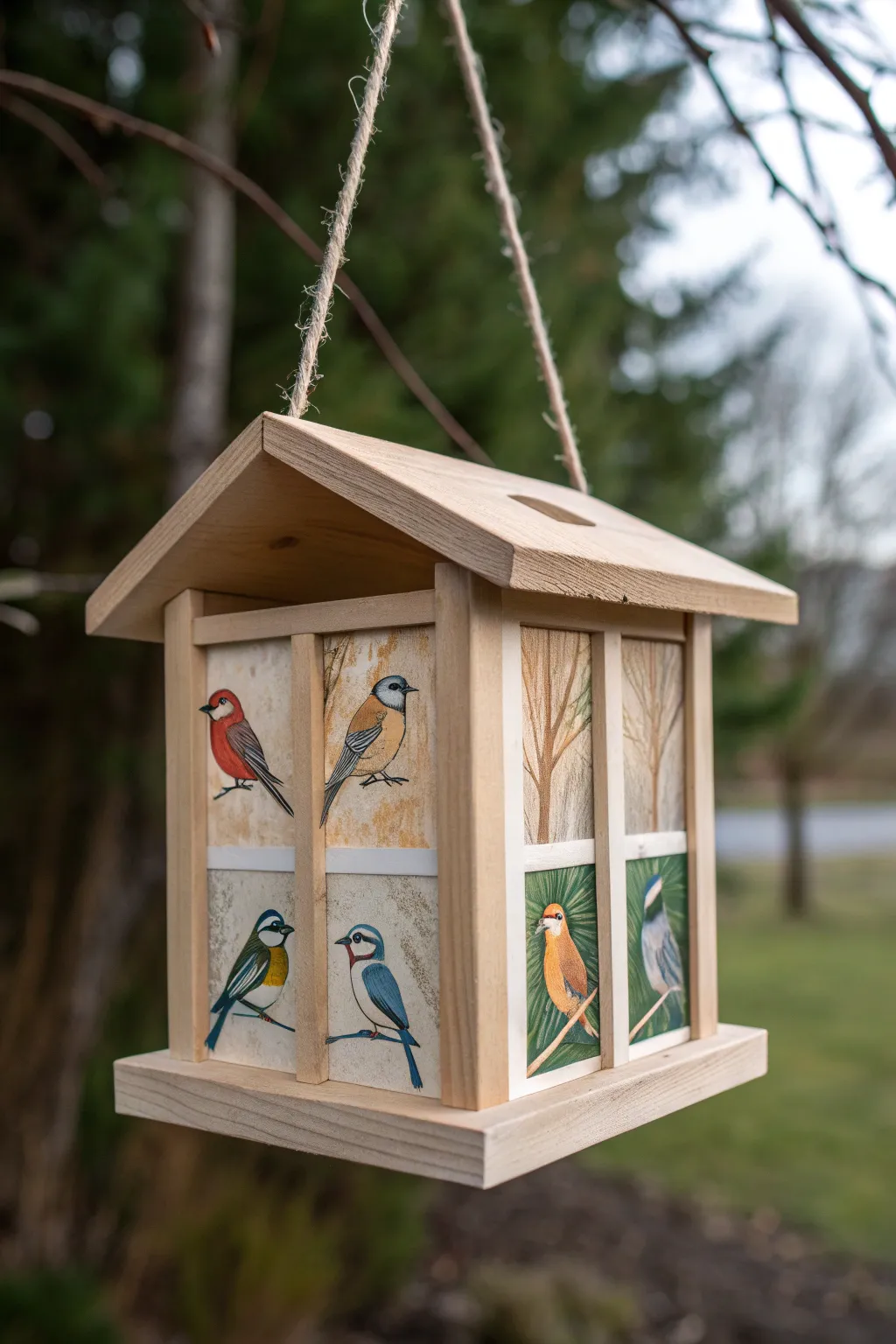 Hand-painted bird feeder with portrait panels in bold hues, minimalist and nature-inspired