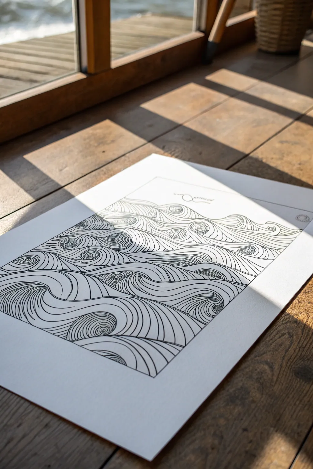 Minimal line-and-value water ripples in crisp black ink, with bright paper highlights for shimmer