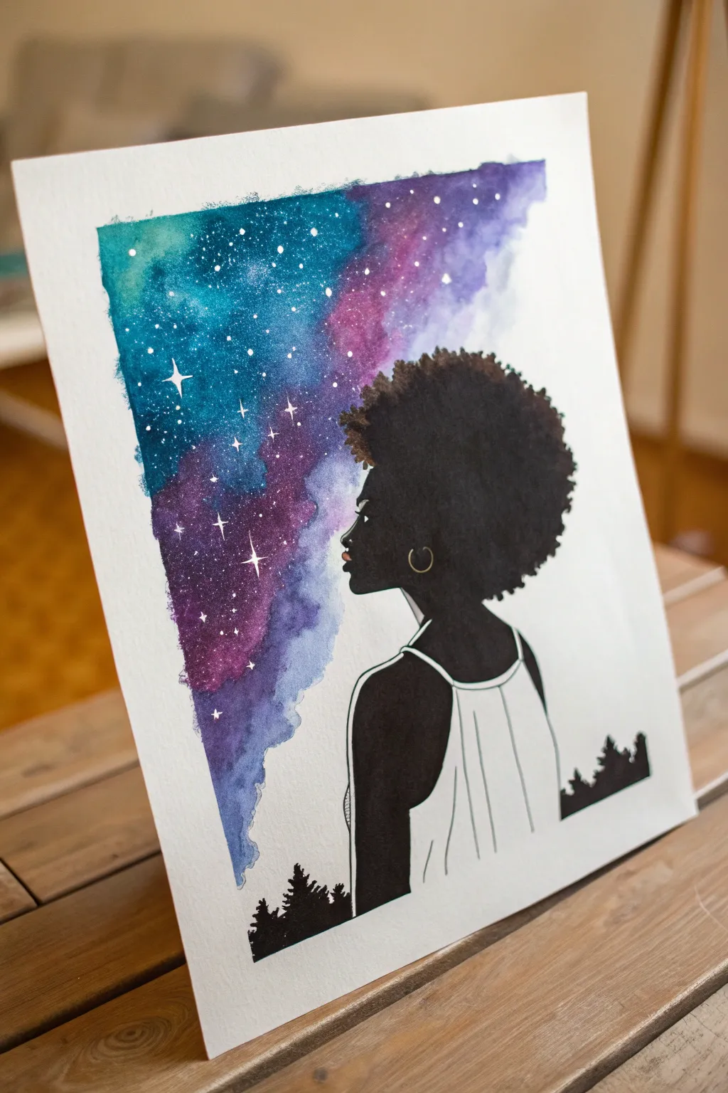 Galaxy afro with splatter stars: easy silhouette painting idea with bold color and dreamy contrast