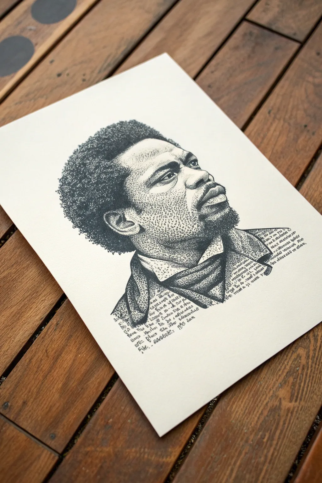 Micrography portrait built from tiny handwritten words, a striking Black History Month idea.