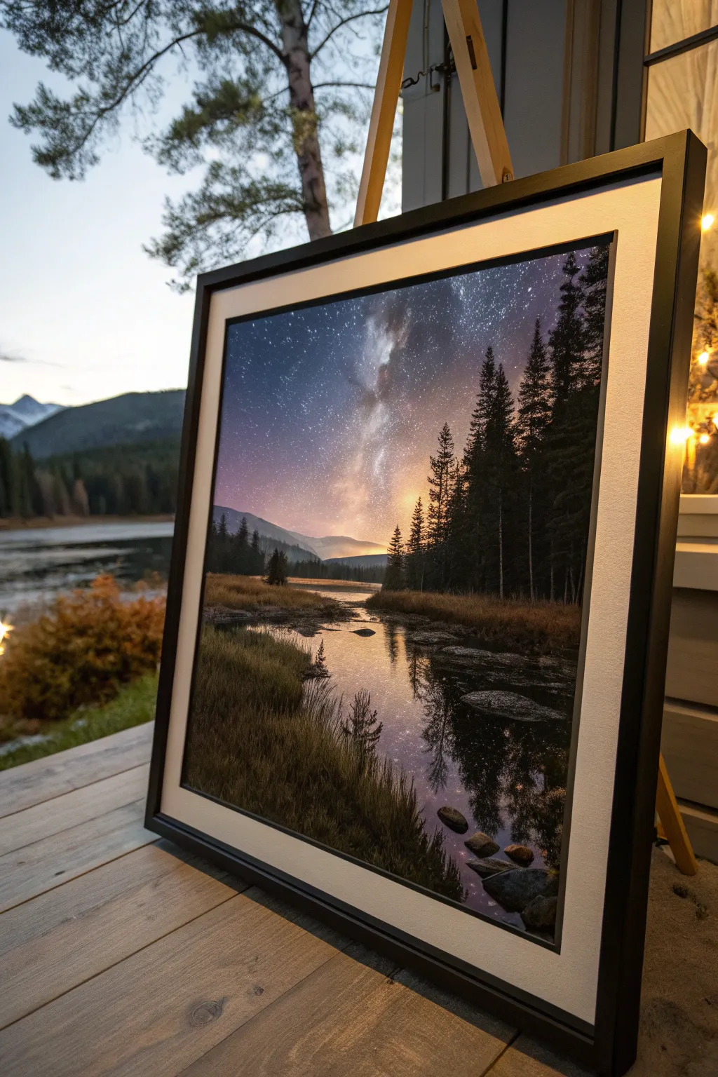 Day-to-night black light painting: calm landscape by day, glowing UV moonlight by night.