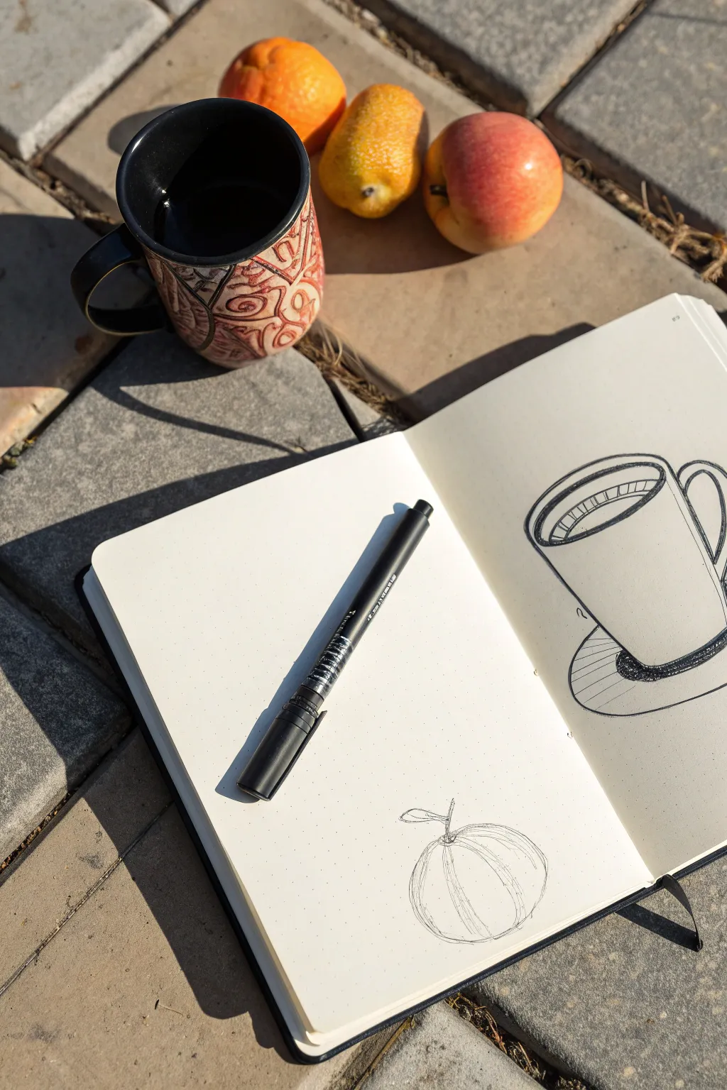 Minimal black marker still-life: mug and fruit with a bold graphic shadow for easy practice.