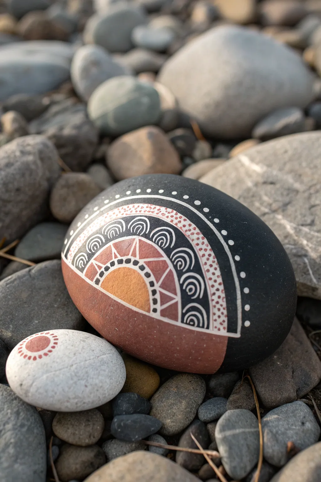 Minimal black rock art with bold color blocks and crisp white linework for modern boho vibes