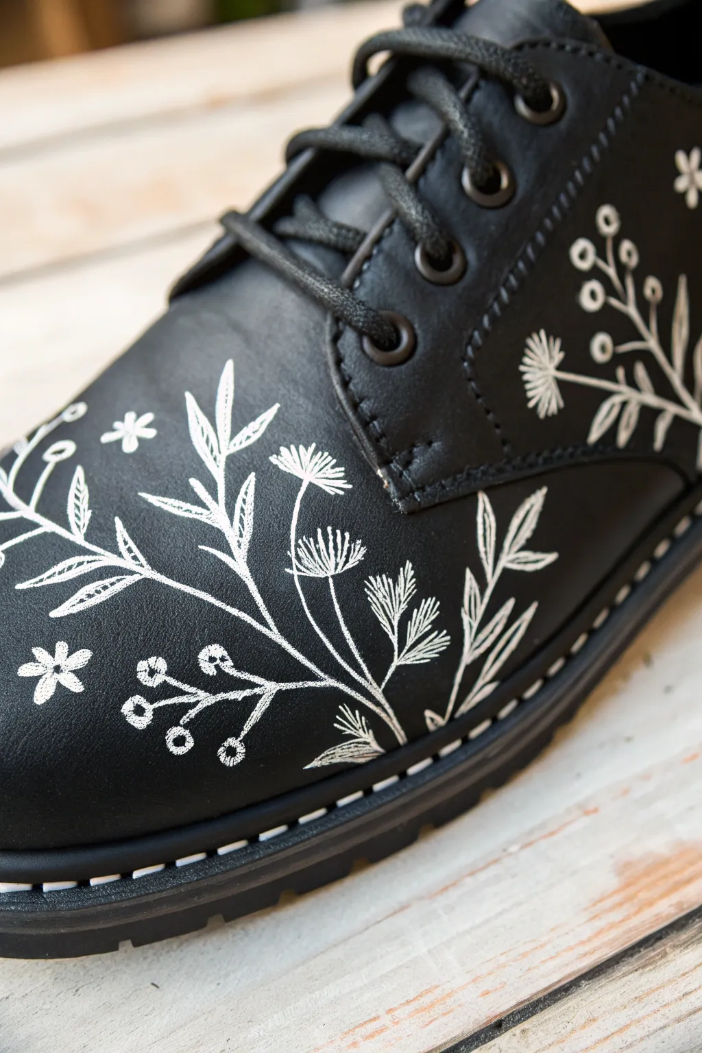 Tiny white botanical sprigs on black toe caps for a minimalist, boho-chic finish