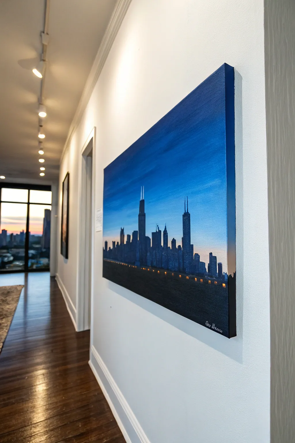 Minimalist blue skyline at dusk, easy acrylic gradient with moody silhouettes and tiny lights.