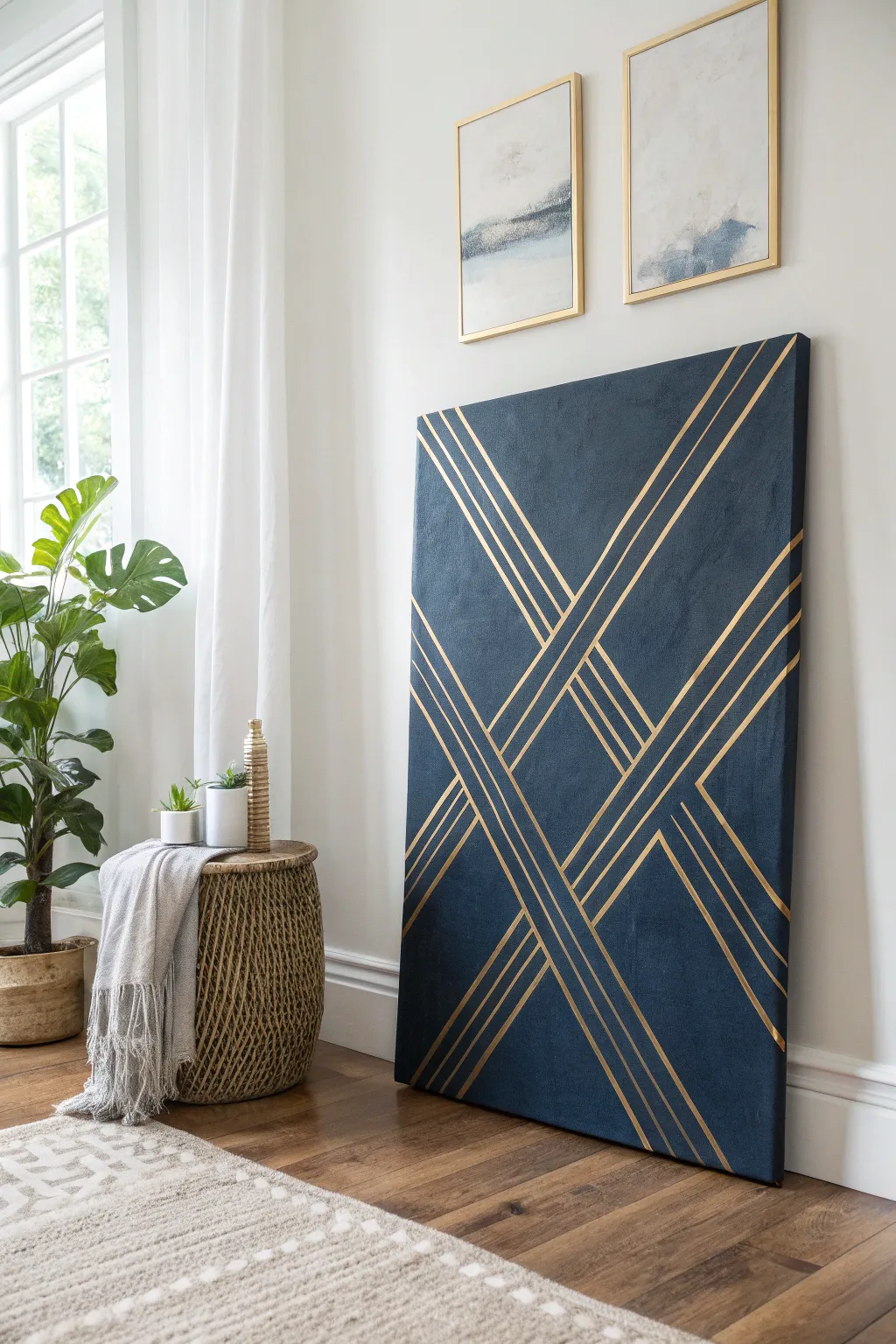 Minimal navy abstract canvas with sleek metallic gold line accents for luxe modern walls