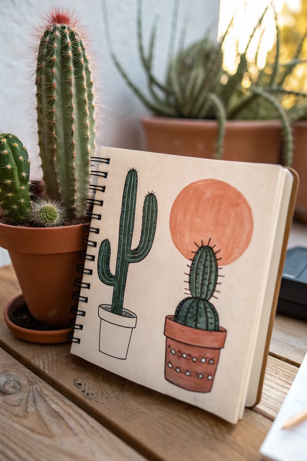 Easy boho cactus shapes in a terracotta pot with warm ochre backdrop, clean minimalist style