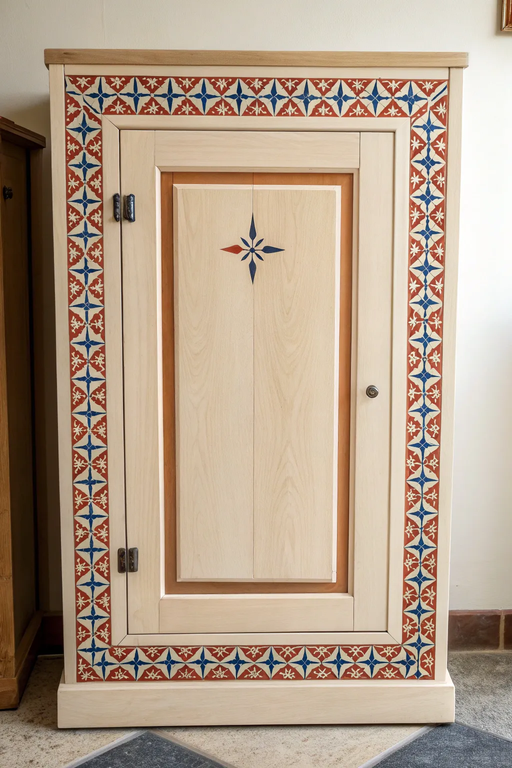 Crisp stencil border trim framing a painted cabinet door for bold boho detail