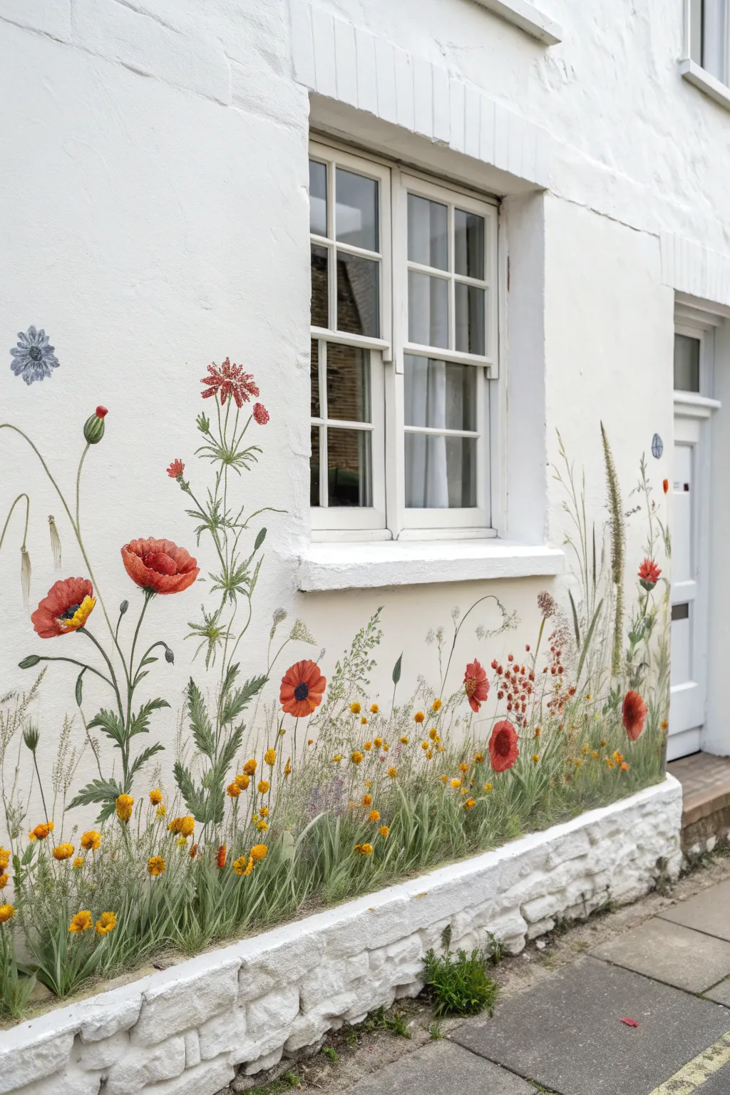 Whimsical wildflower meadow border mural for airy boho walls with Scandinavian calm