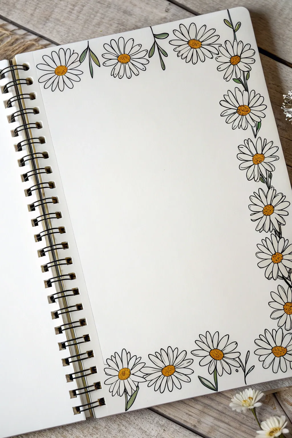 Daisy chain border frame with clean ink outlines and soft boho color accents, crisp and classic