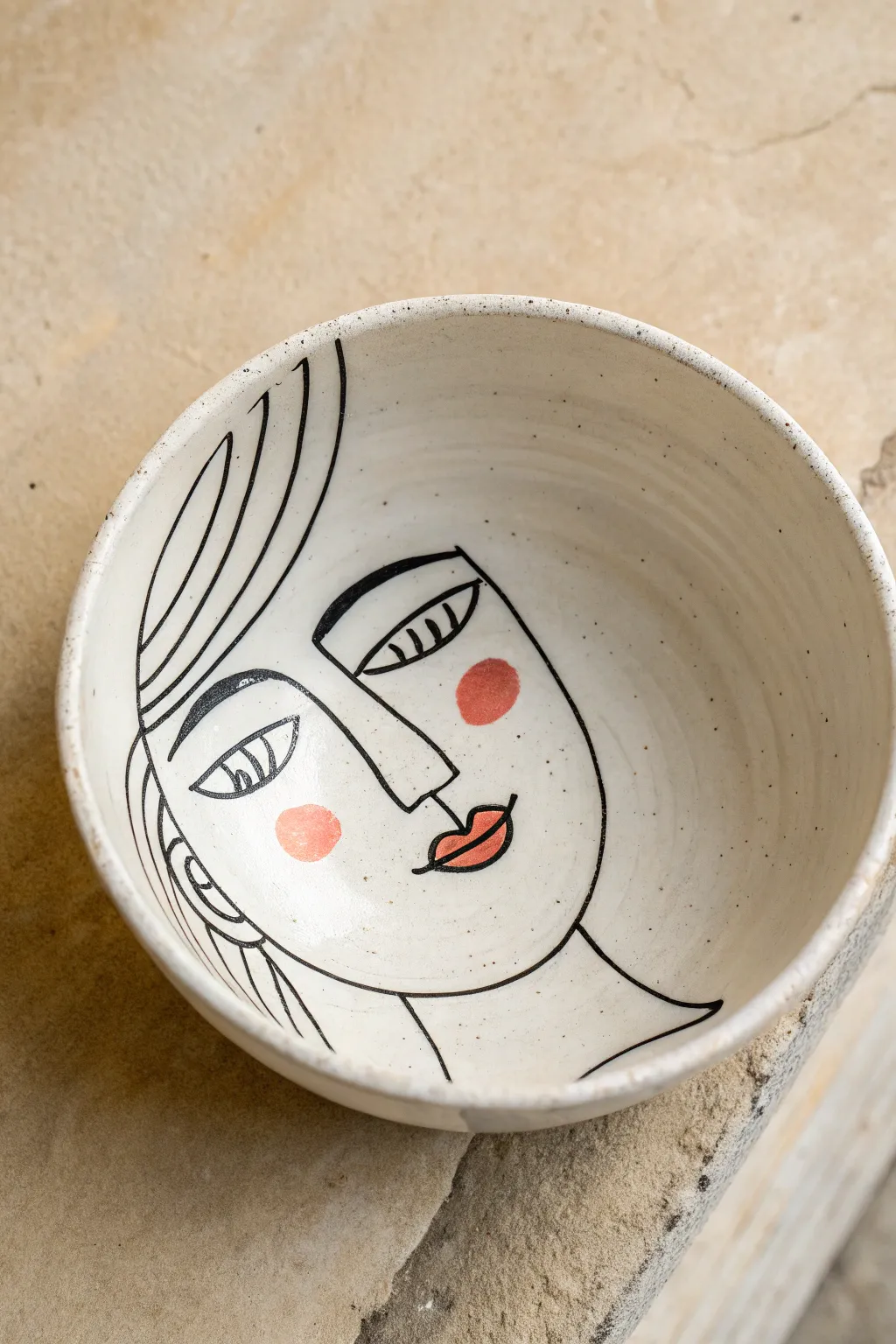 Minimal face line art bowl with rosy cheeks, clean Scandinavian style with boho warmth