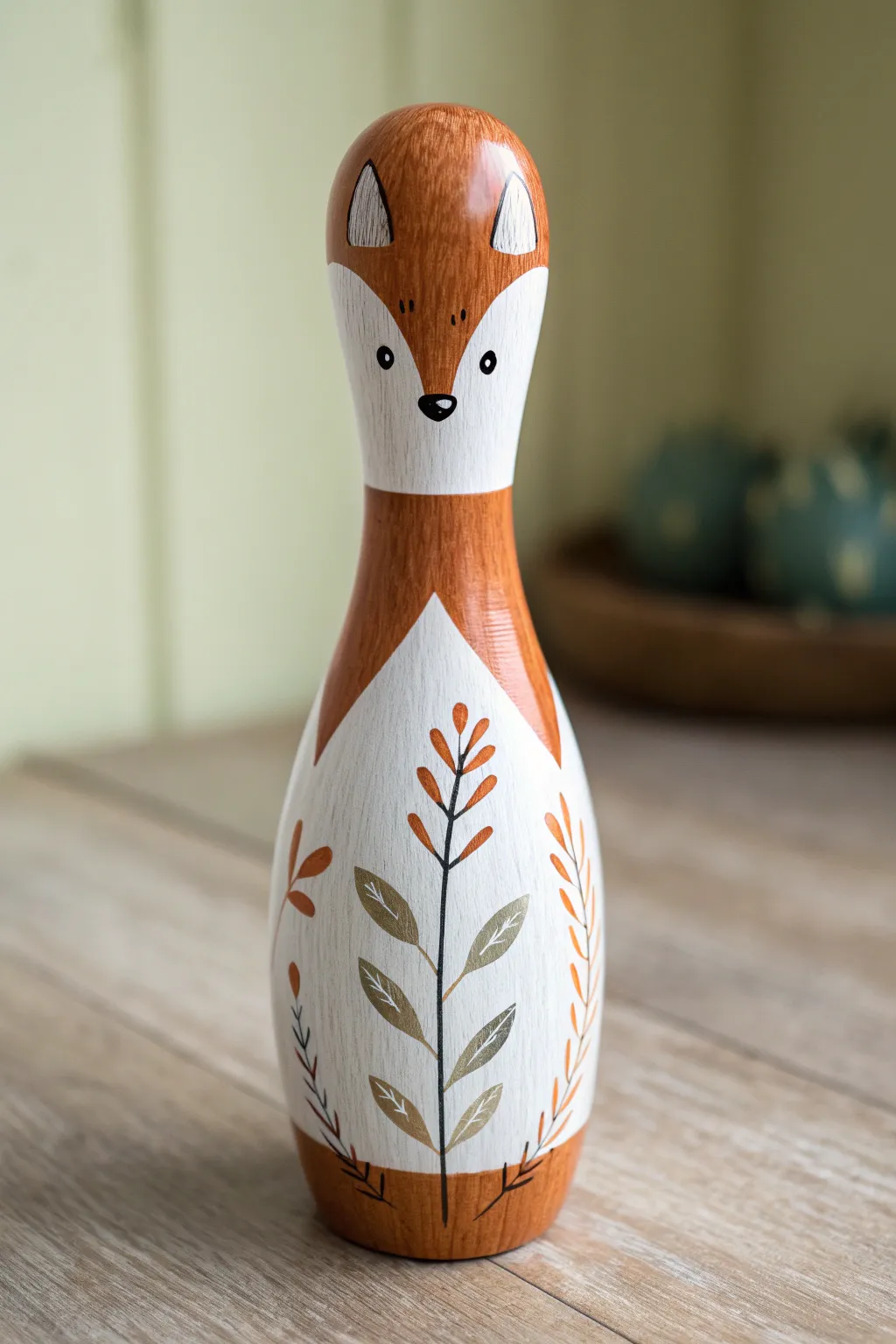 Woodland fox bowling pin with bold orange, crisp white chest, and tiny leaf accents