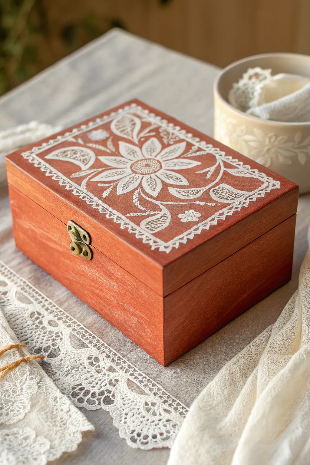 Romantic lace-imprint box paint finish with bold terracotta contrast and minimalist styling