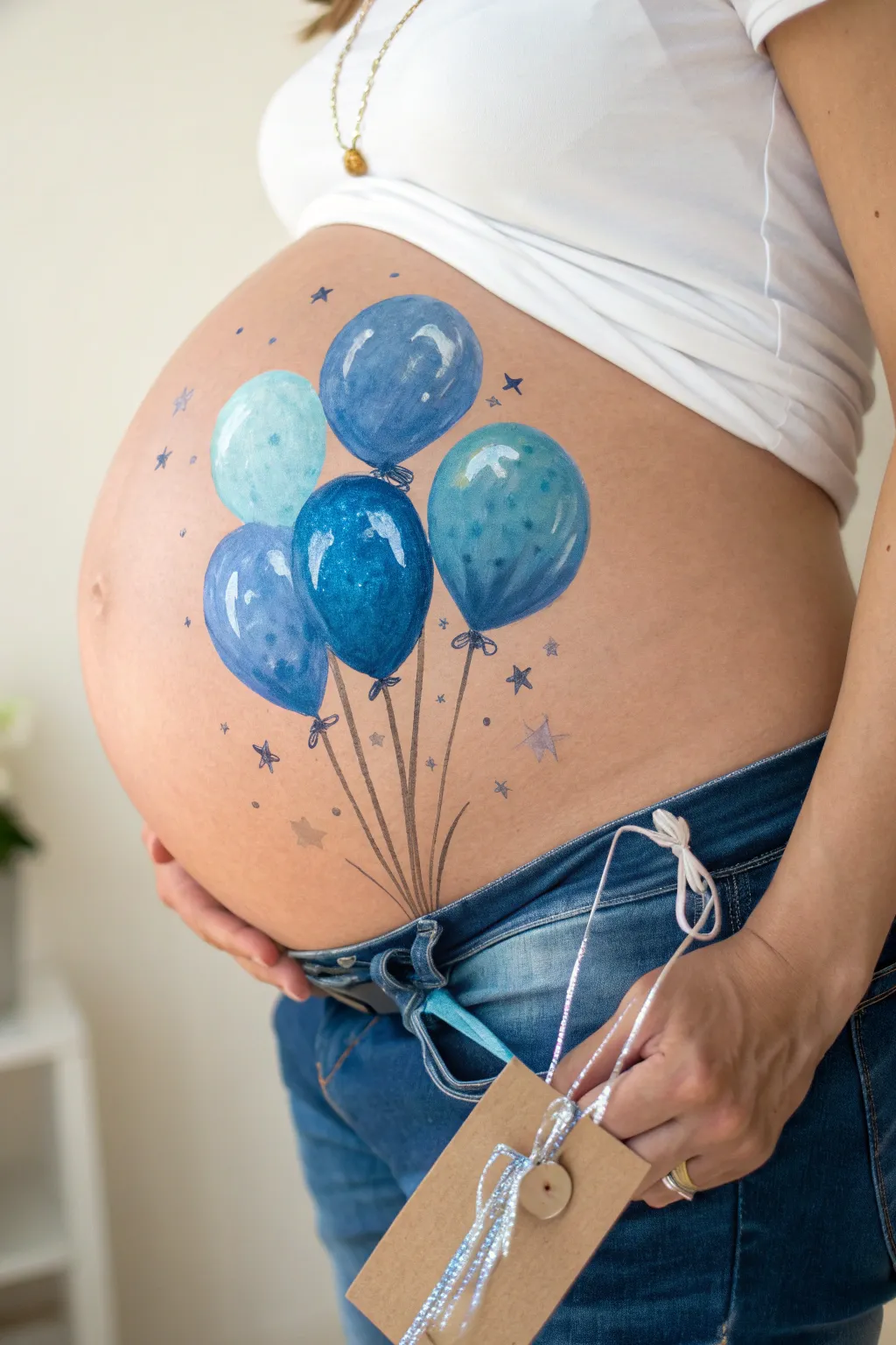 Blue balloon bouquet belly art for a baby boy announcement, minimalist and party ready