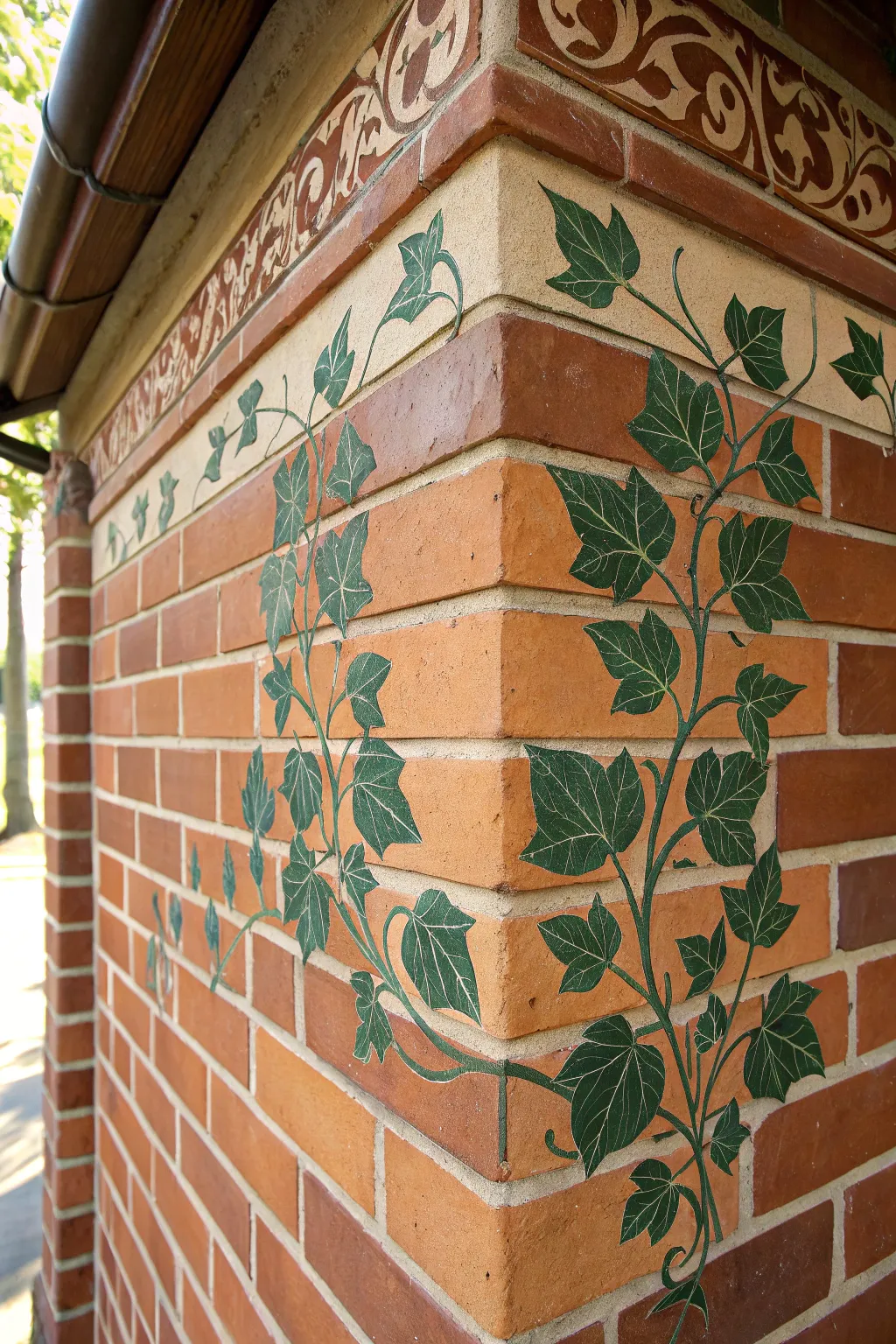 Emerald vine trails on warm brick, a minimalist boho border idea with handcrafted charm