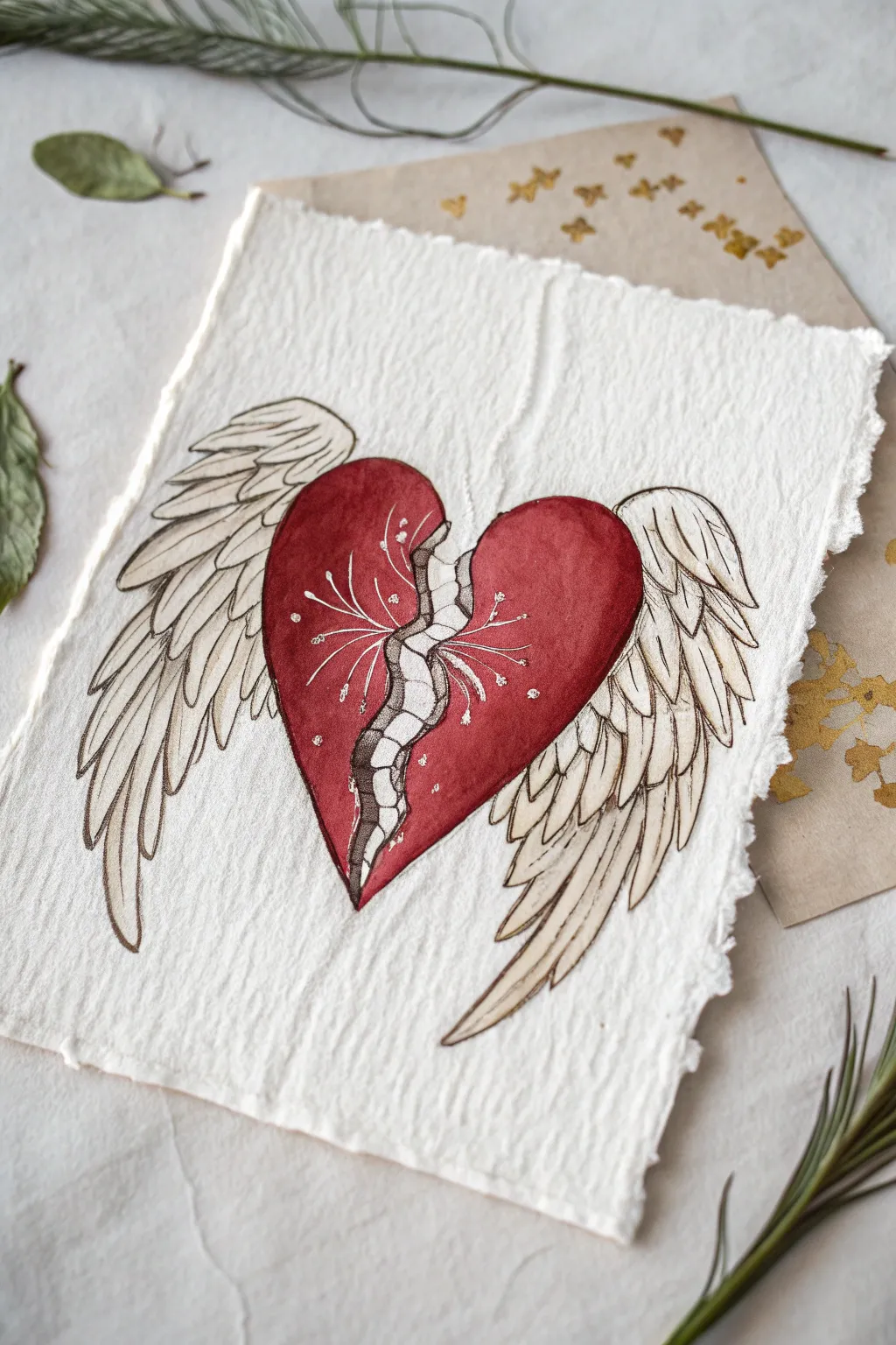 Winged broken heart drawing idea: one detailed wing, one torn, with a crack that tells the story
