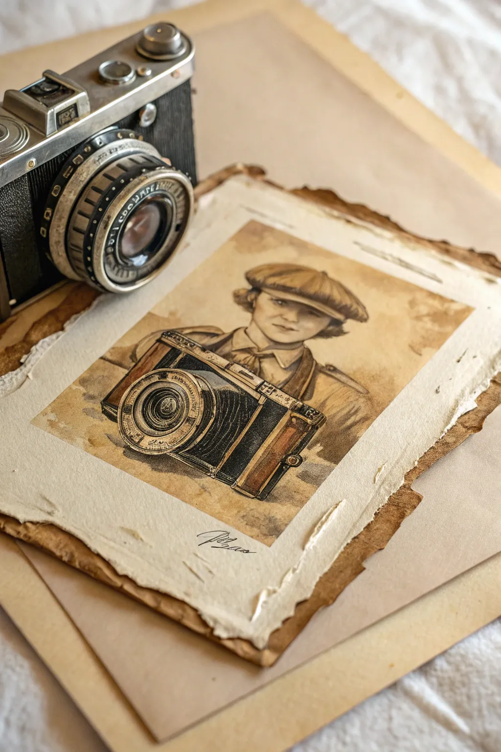 Vintage sepia collage painting with torn layers and soft marks, minimalist yet richly textured.