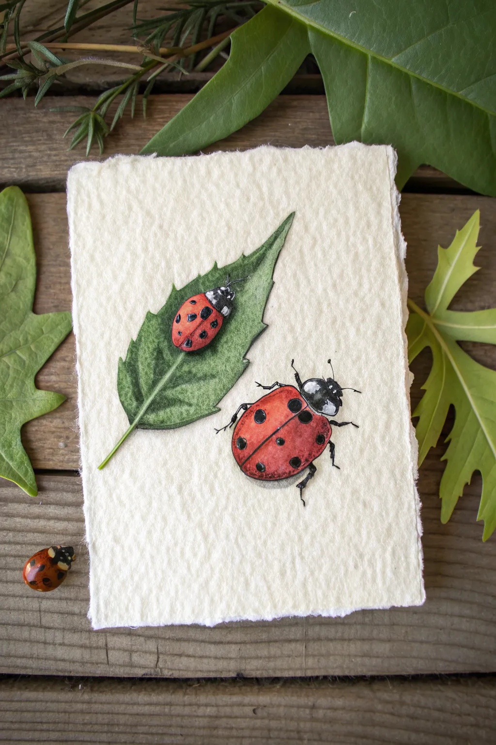 Sweet ladybug duo on one leaf, simple watercolor look with bold red pops and calm boho tones.