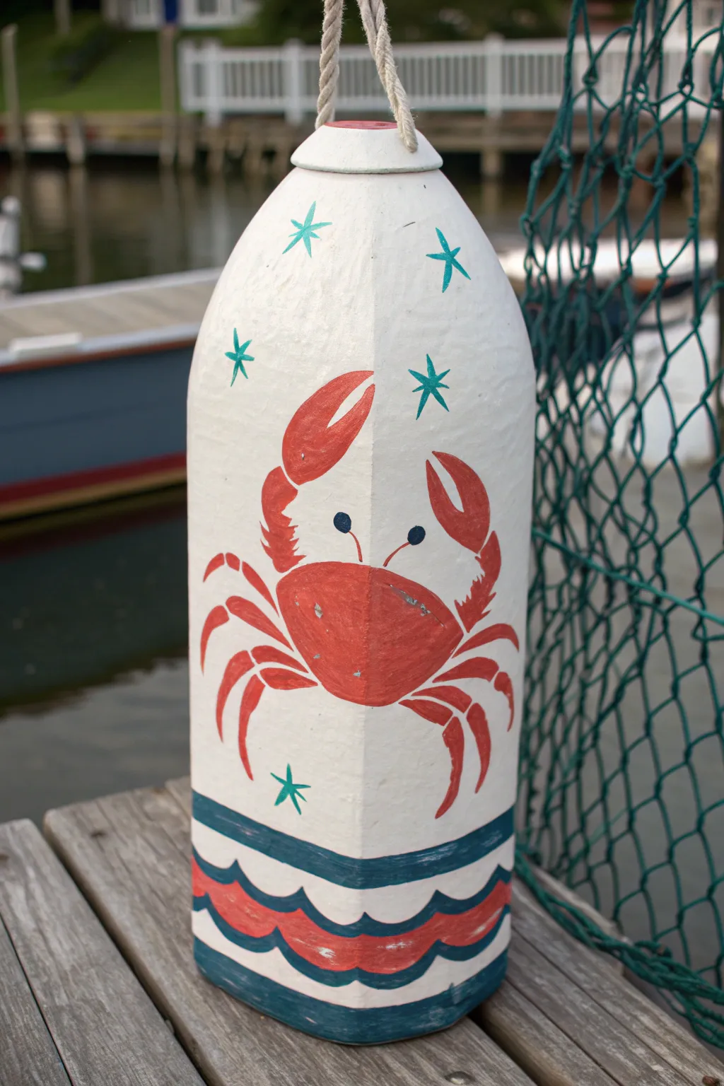Bold crab-painted buoy in minimalist coastal style, a striking DIY idea with Scandinavian calm.