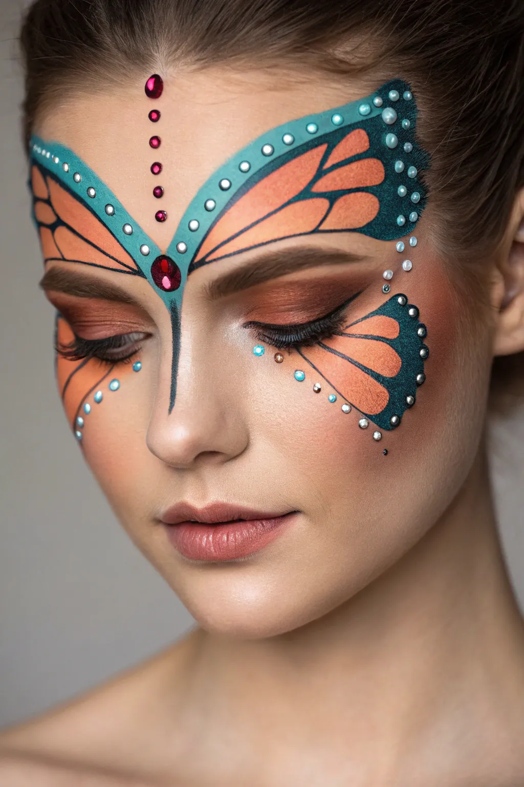 Jeweled butterfly face paint with rhinestone spine for a bold, minimalist boho look